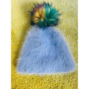 Jocelyn  Women’s Knit Faux Fur Sky Blue Beanie Hat Winter Spring